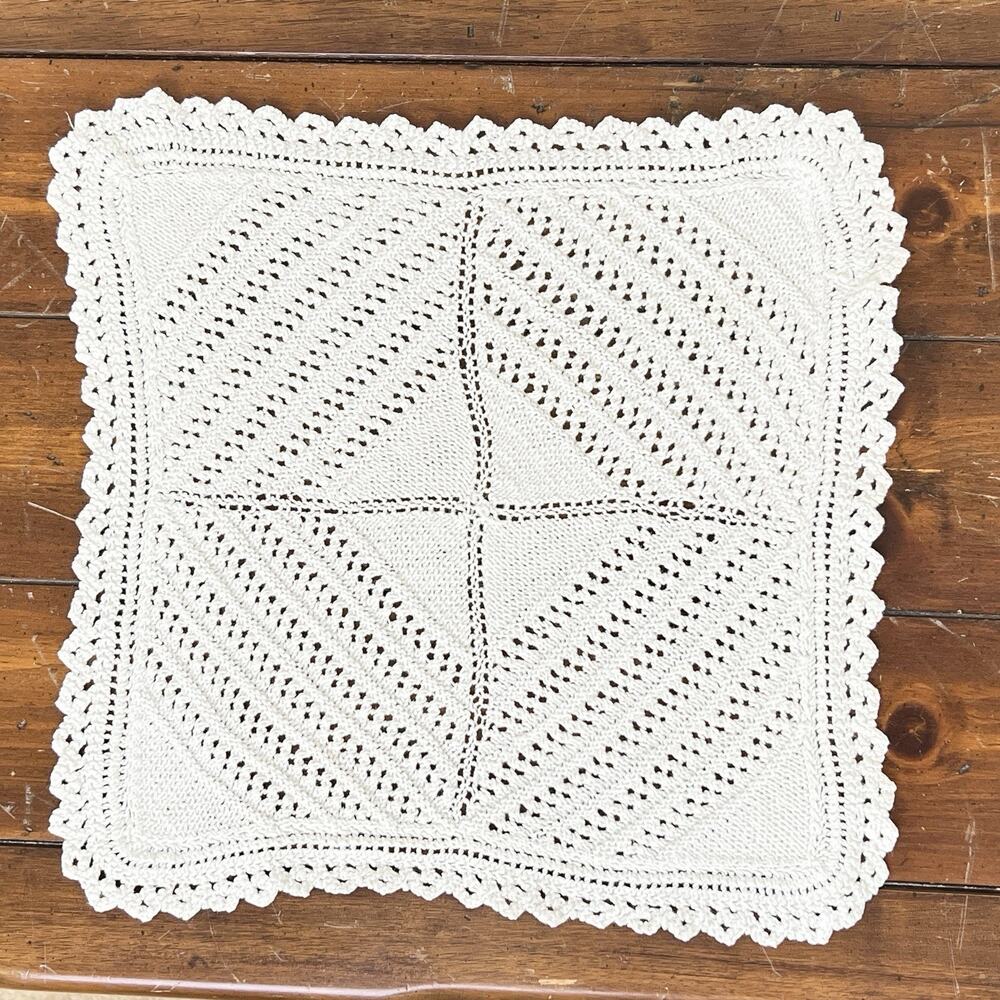 Knitted Lace Doily Off White Square 13" Cottagecore Dresser Mat Diagonal Eyelets